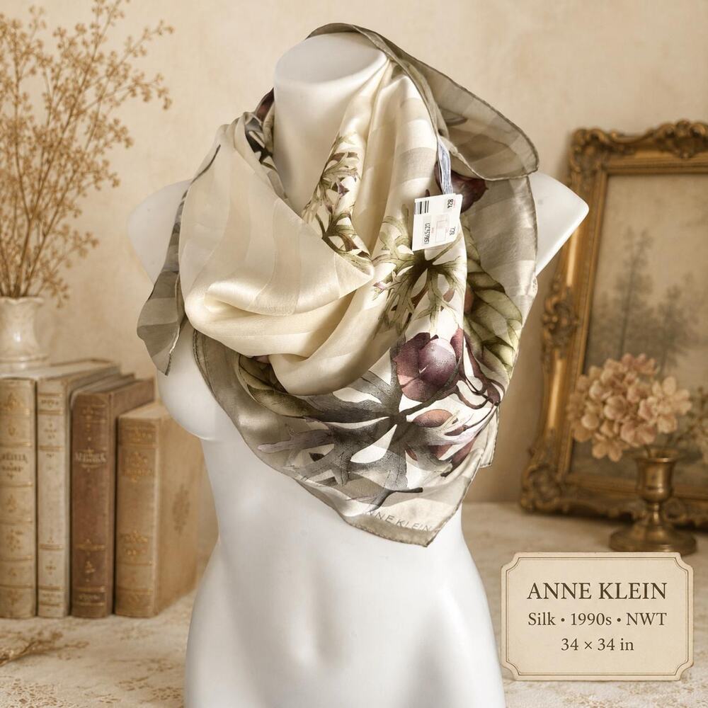 Vintage Anne Klein 1990s Silk Ivory Striped Pomegranate Scarf NWT 34x34
